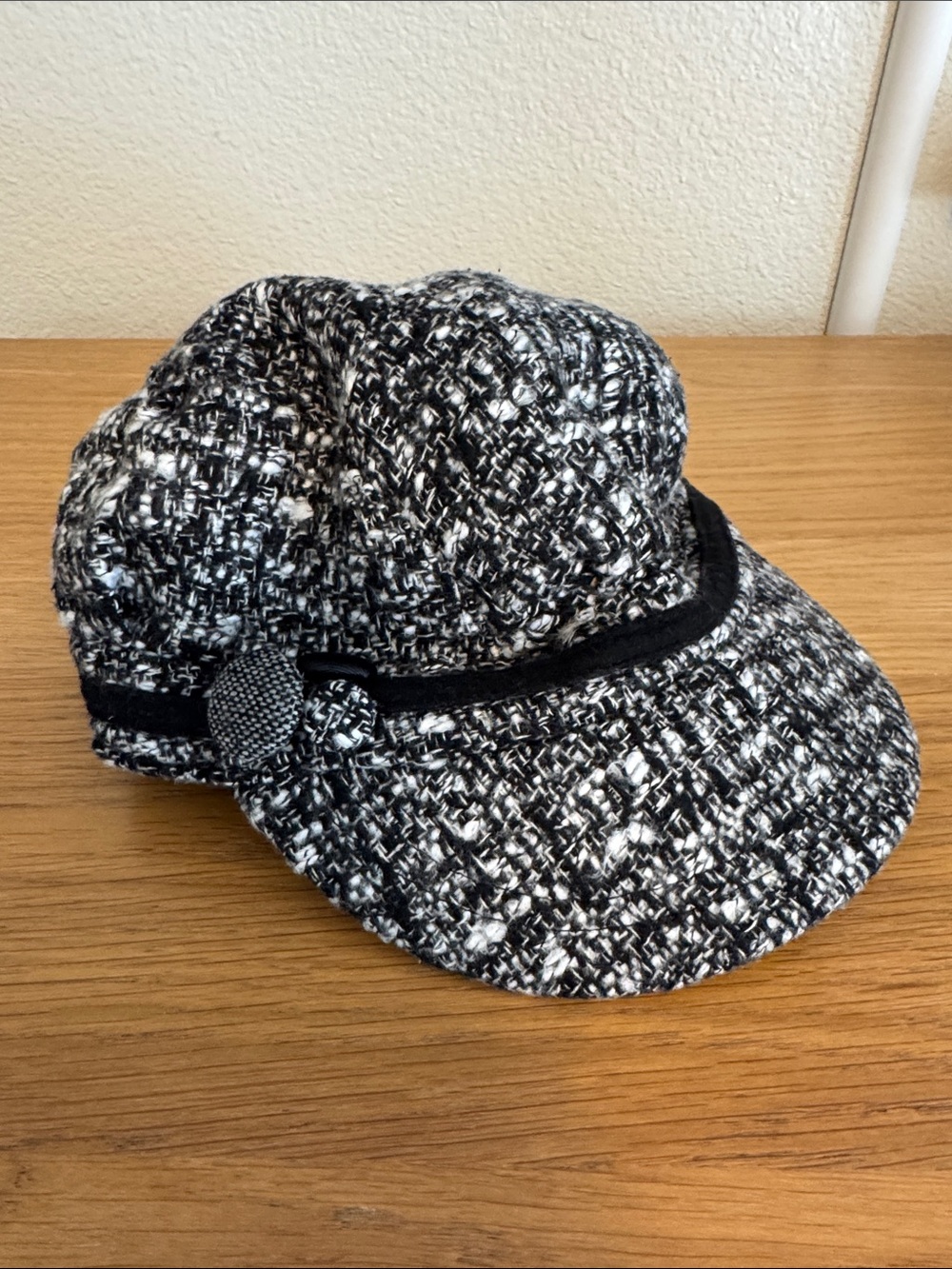 Kate Landry Black & White Tweed Newsboy Cap with Button Accent